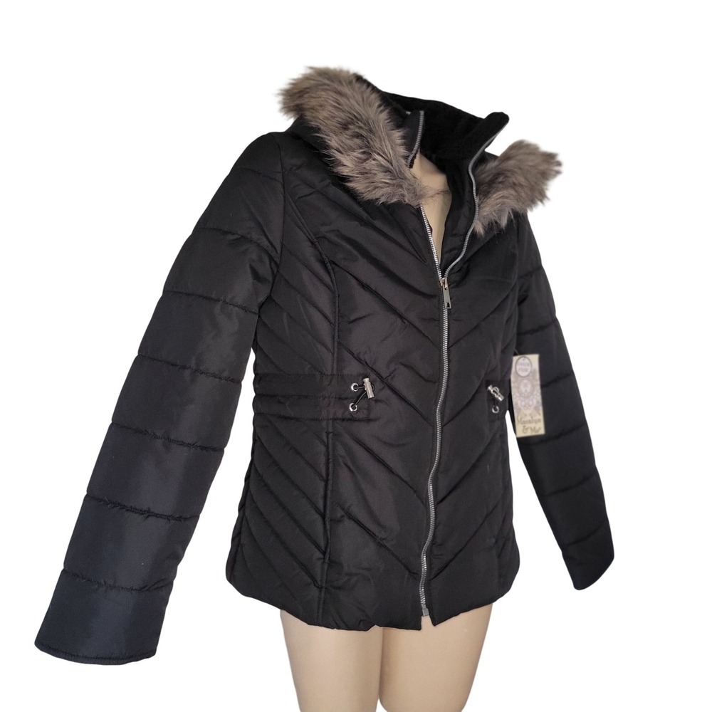Marlayn & Me NEW Black Quilted Faux Fur Hood Winter Puffer Jacket Women's Size L